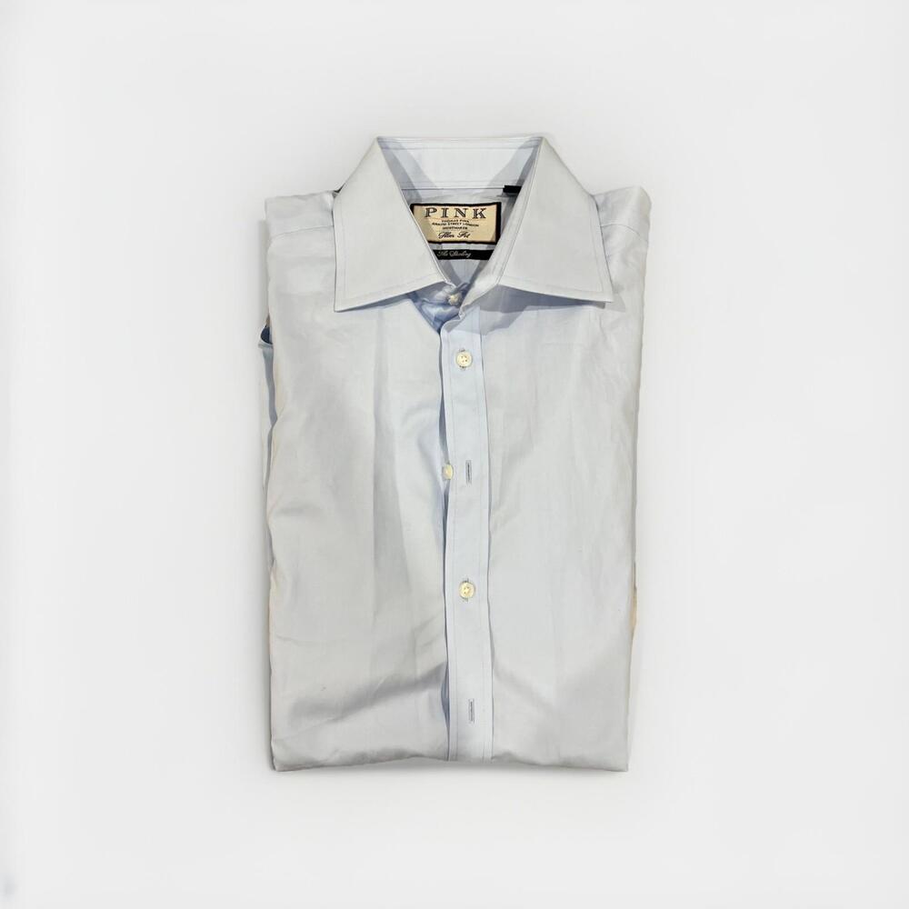 THOMAS PINK MENS DRESS SHIRT 15.5/34 MEDIUM BLUE SLIM FIT FRENCH CUFF VGC!